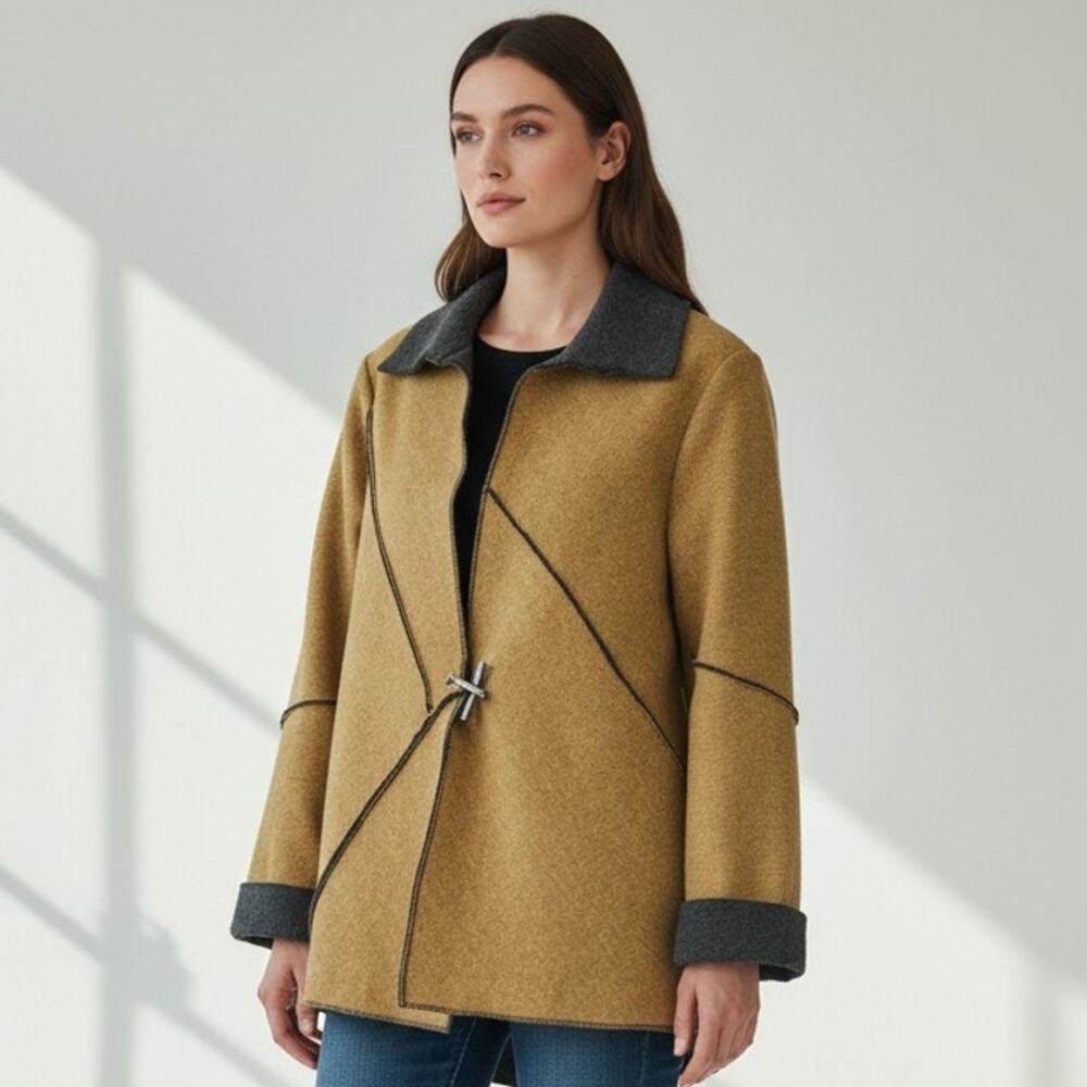 L Icelandic Design Meryl reversible wool jacket yellow gray wool Sweater